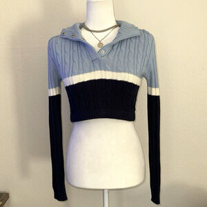 Garage Super Cropped Long Sleeve Sweater Women's Small Blue White Knit Mock Neck